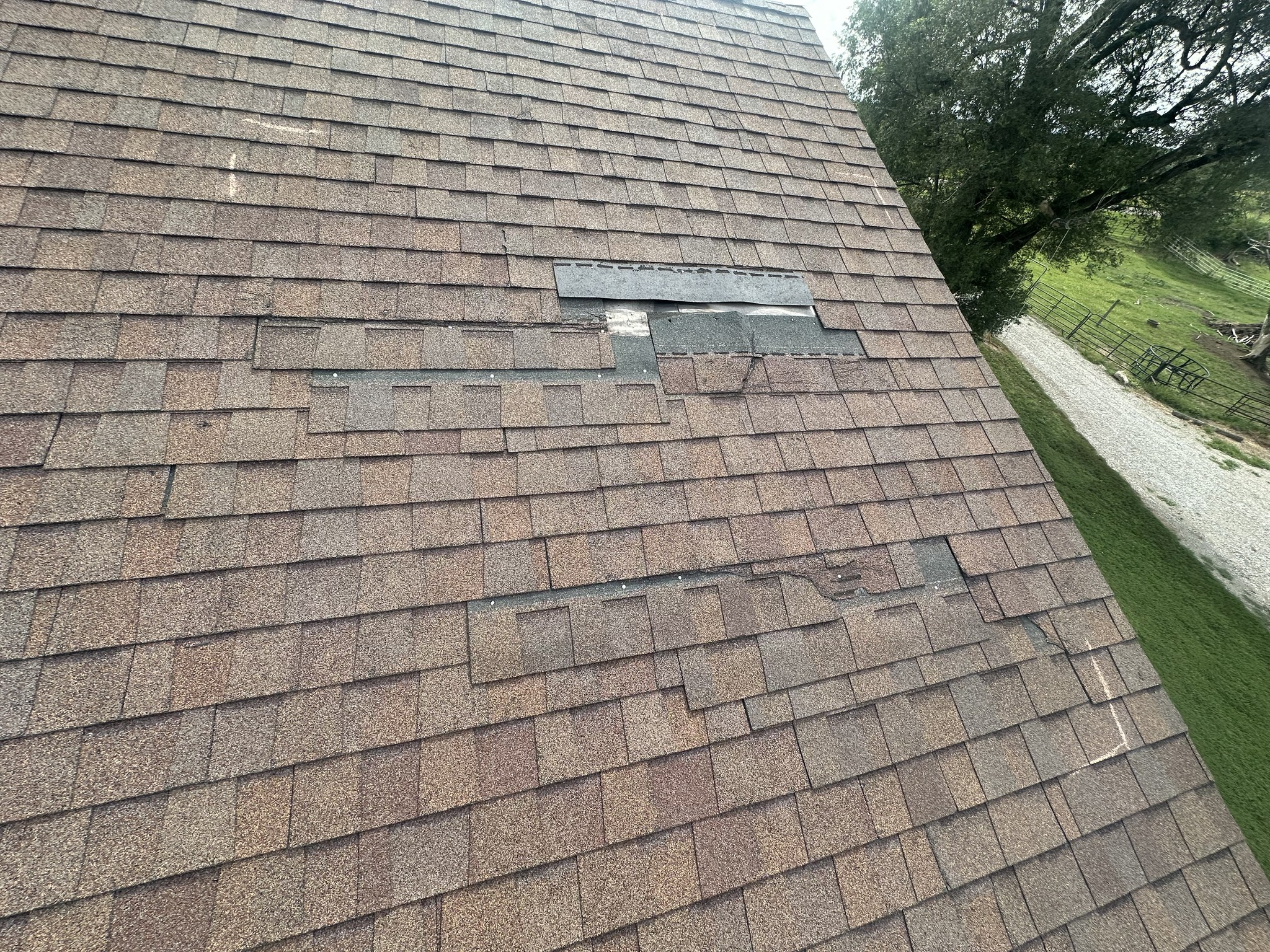 Close-up of a shingle roof with several damaged and missing shingles on one section, exposing the underlayment beneath. Trees and a gravel path are visible in the background.